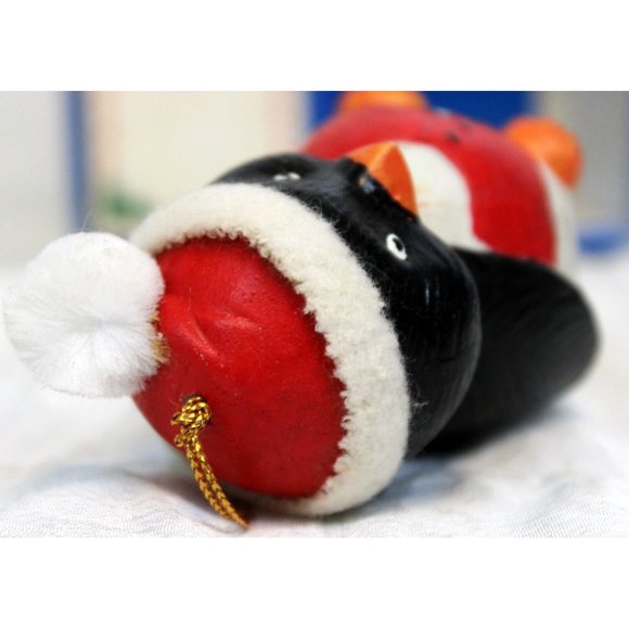 VTG 80s Porcelain Christmas Penguin Ornament Bell Santa Pom-Pom Vest Gift Black - Picture 6 of 12